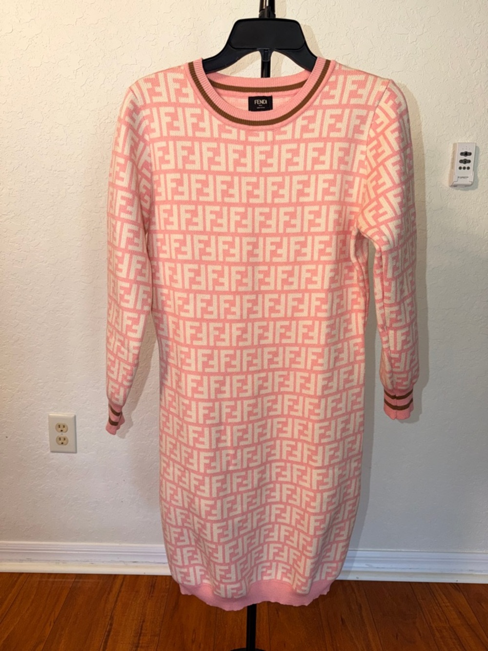 Fendi Pink and Cream FF Logo Long Sleeve Dress